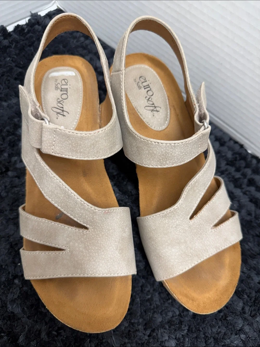 Euro by Sofft Comfort Wedge Sandals in Light Beige - Women's Velcro Straps